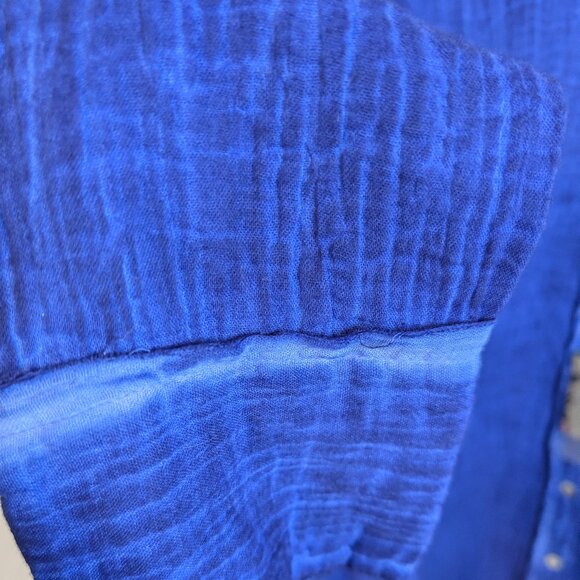 Indigo Hand-Dyed Look Button-Up Blouse | 100% Cotton, Raw Edges, Size 1X (NWT) - Picture 5 of 14